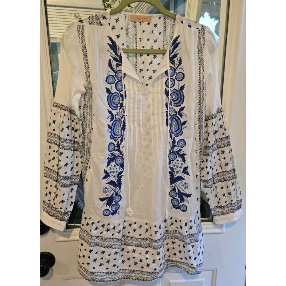 Kyra white cotton tunic dress blue floral embroidery L/XL Boho Prairie Cottageco